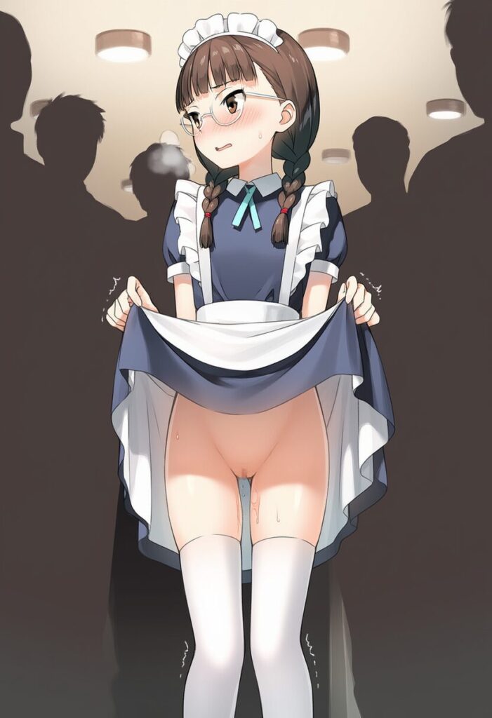 メガネおさげ女子は罰ゲームでパンツを脱いだことを証明するためにメイド姿でたくし上げる。