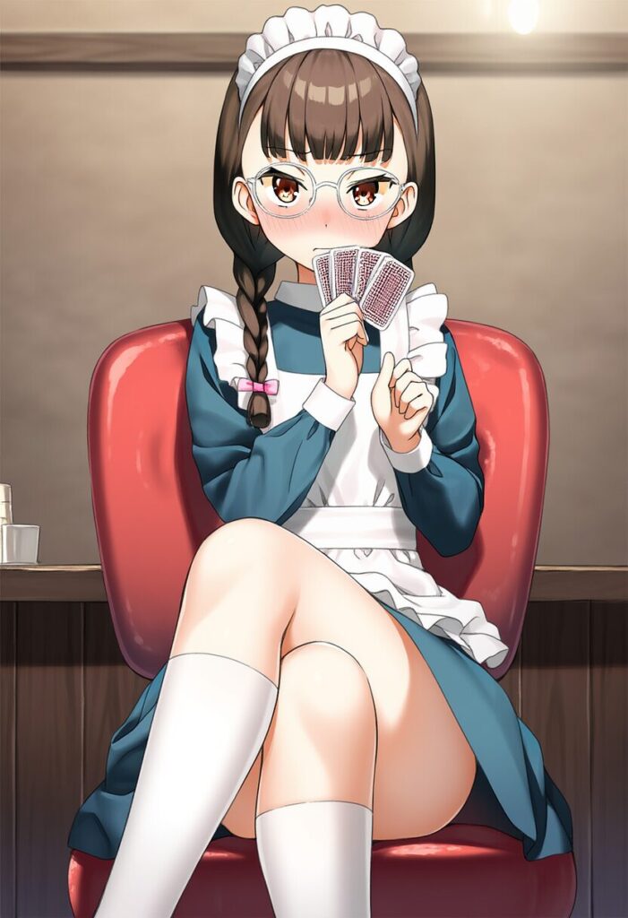 メガネおさげ女子は負けを取り返すために、もう一回ポーカーで勝負する。