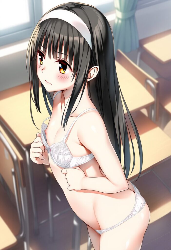 ヘアバンドをした女子はブラを外しているところ