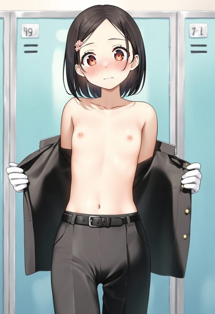 学ランを脱いでおっぱい見える黒髪ぱっつんな女の子