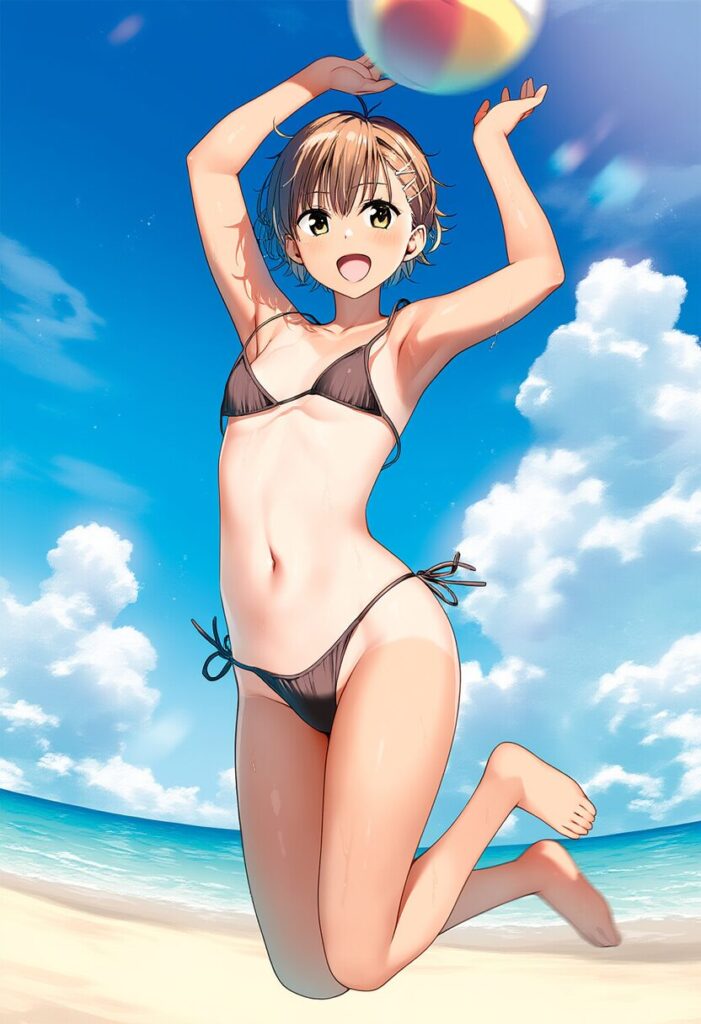 茶髪短髪女の子はビーチバレーでポロリ