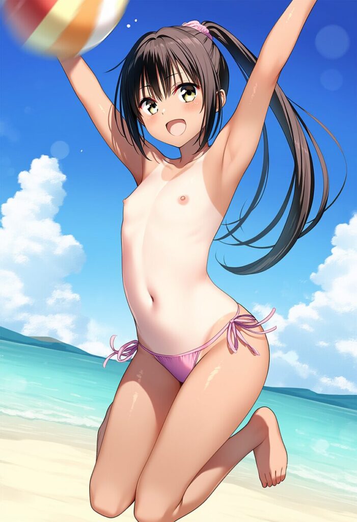 ビーチバレー中の黒髪ポニテスポーティ女子