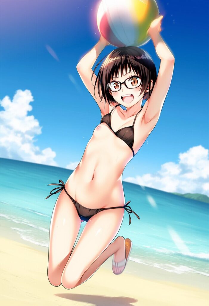 ポロリしちゃってる黒髪短髪メガネ女子