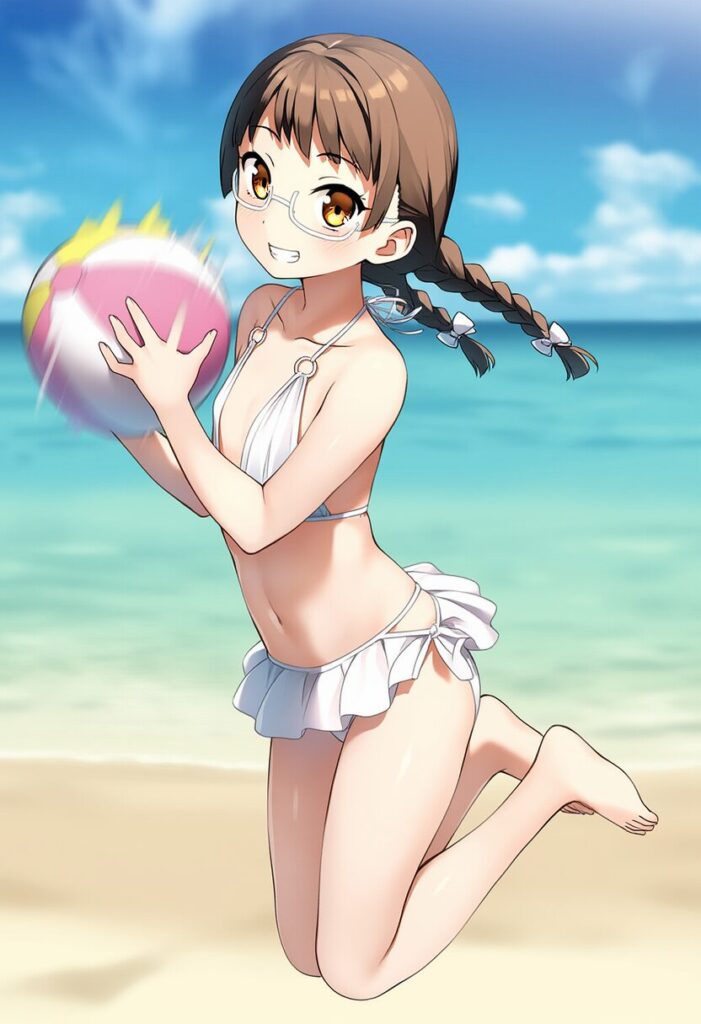 メガネおさげ女子はポロリに気づかない