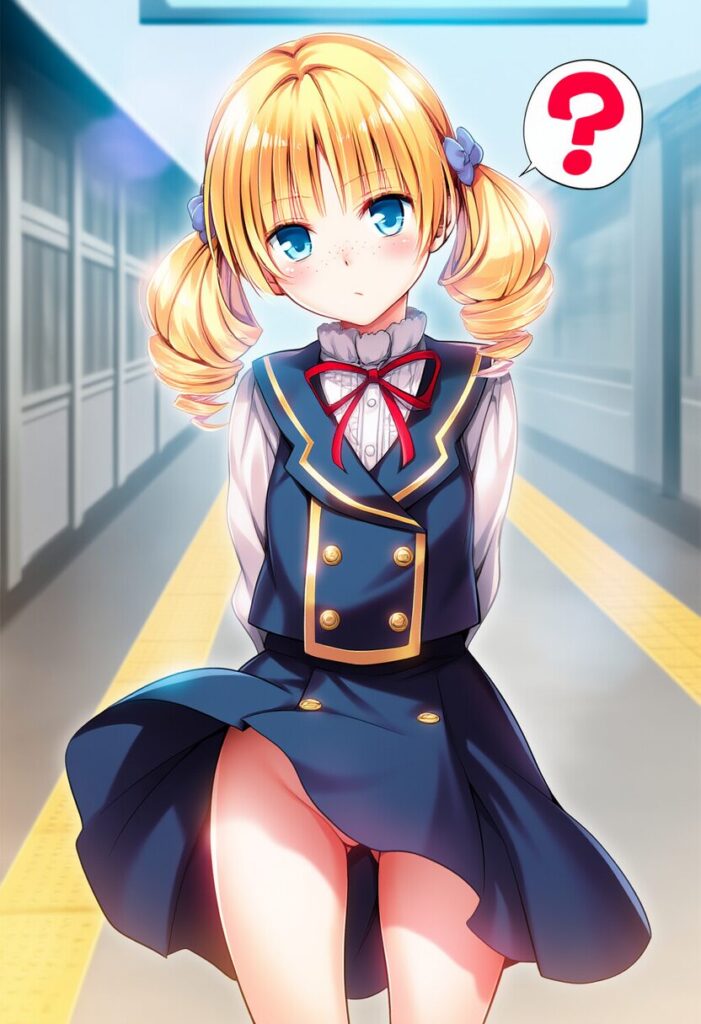 スカート捲れ上がる金髪ツインテール女子