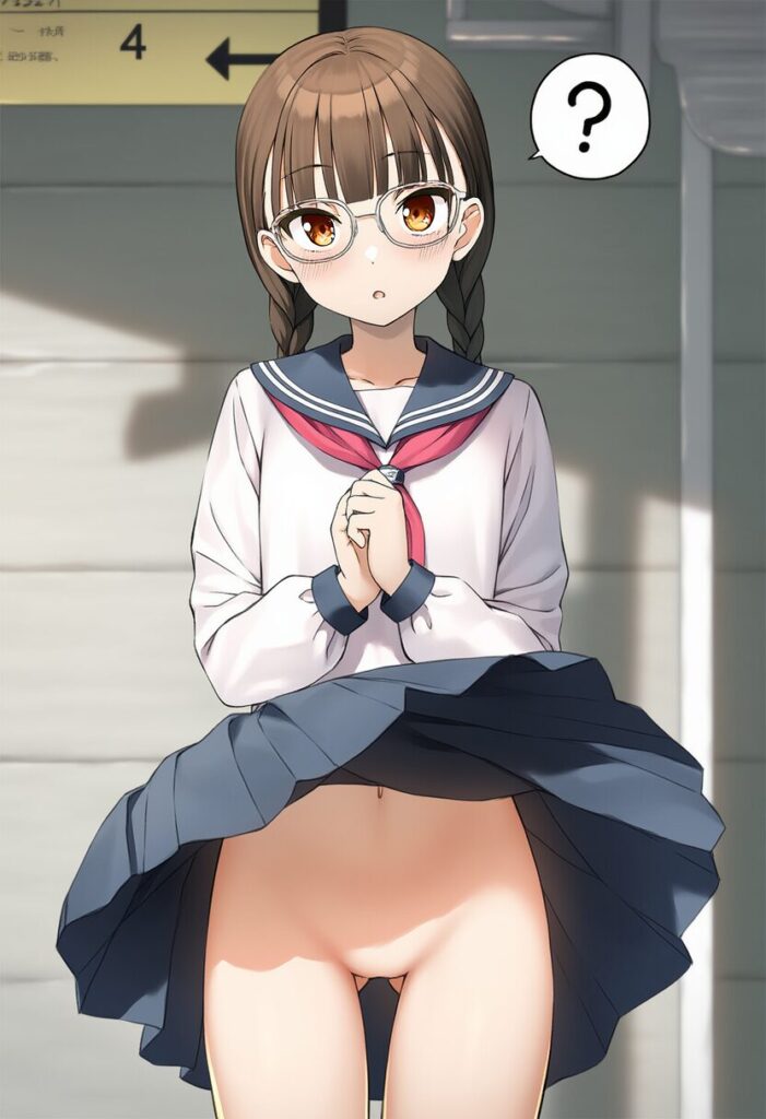 メガネおさげ女子は駅でスカート捲れ上がる