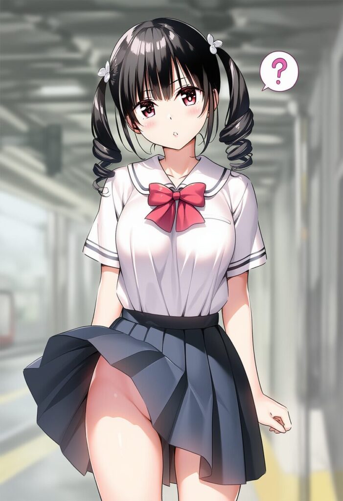 スカート捲れ上がるツインテ女子