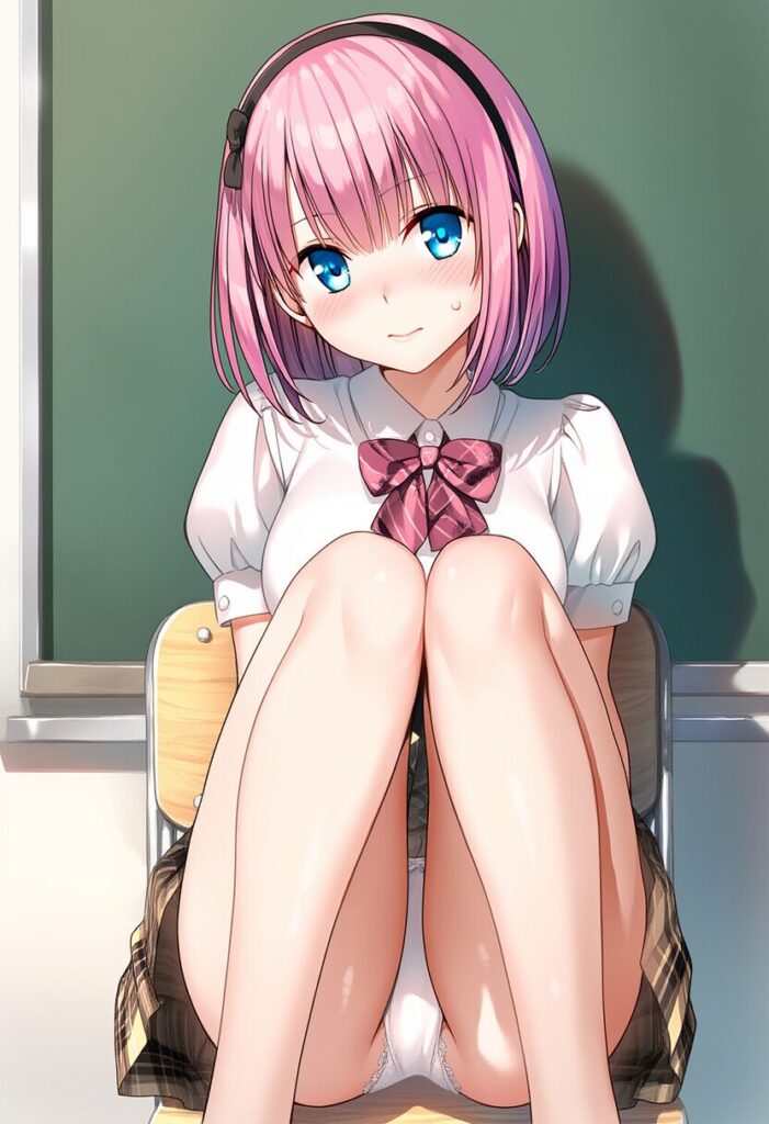 ピンクのショートヘア女子はパンチラに気づく