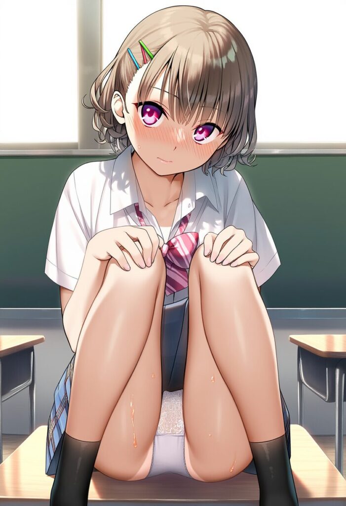 短髪茶髪女の子はパンチラに気づく