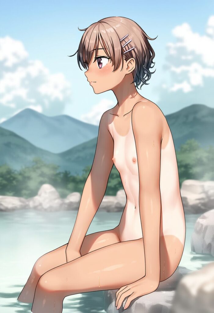 温泉を嗜む茶髪元気女の子