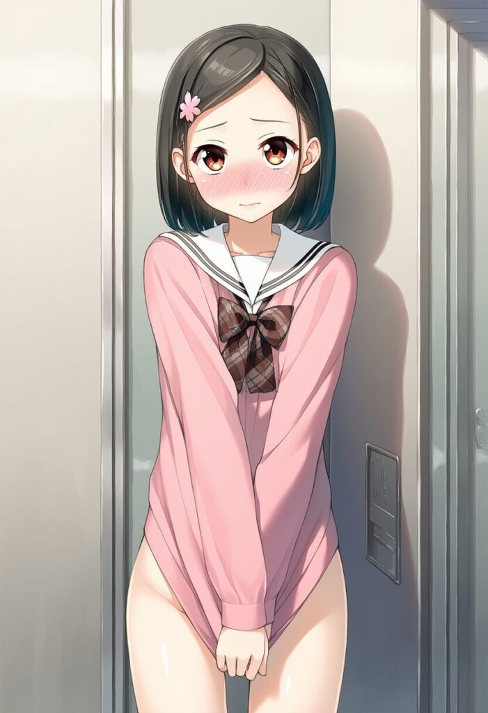 校則違反の罰を受けているショートヘアのぱっつん髪の女の子