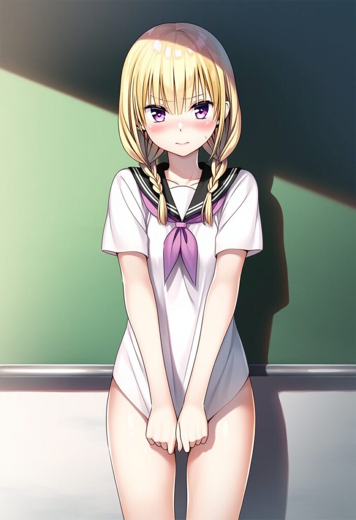 ボトムレスで廊下に立たされる金髪娘