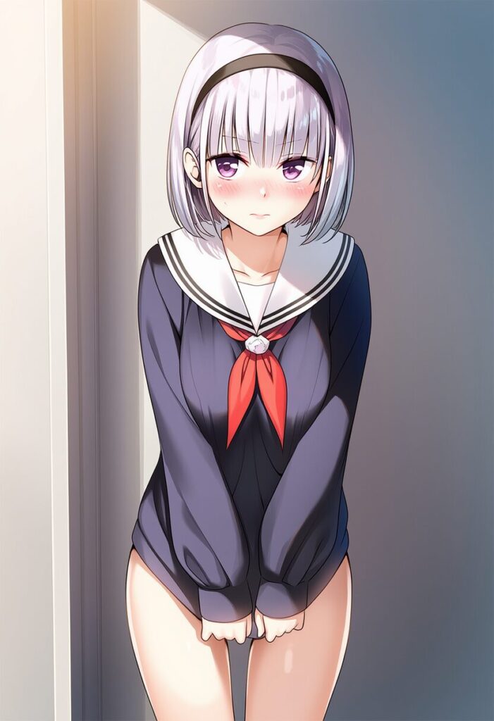 校則違反したシルバーショートヘア女子はボトムレスで廊下に立たされる