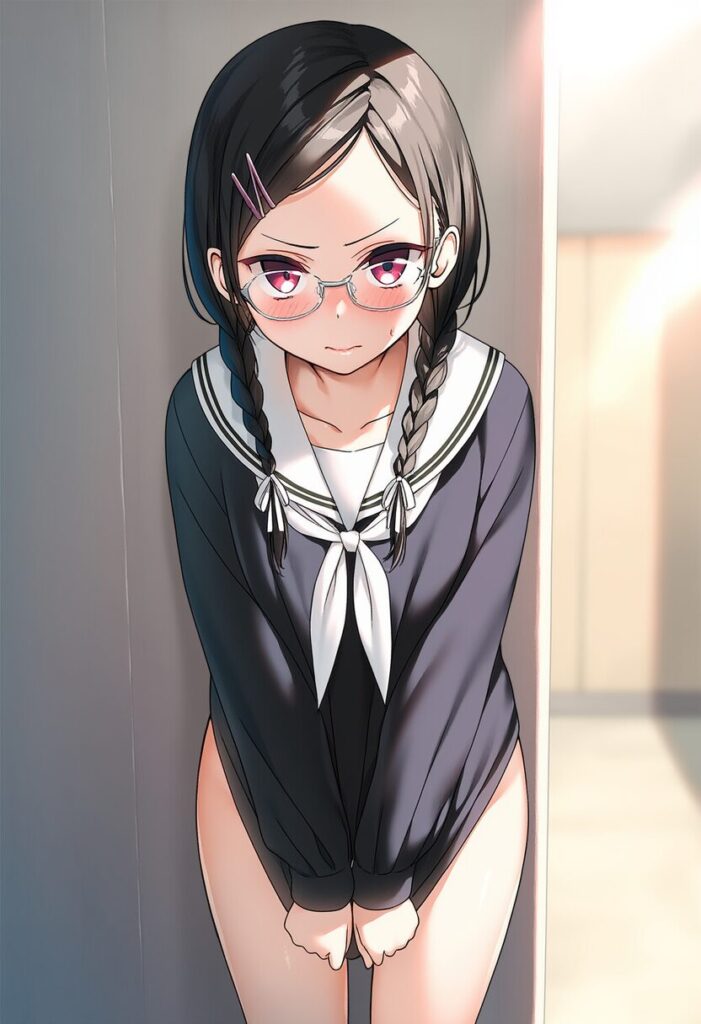 廊下に立たされるメガネ女子は校則違反をした模様