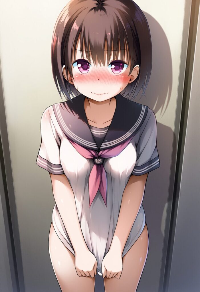 廊下に立たされる茶髪ぱっつん女子は校則違反をした模様