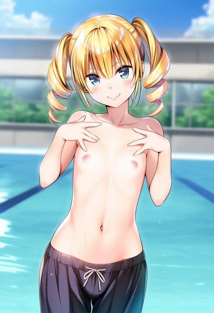 顔が近いトップレスの金髪のツインテール女子