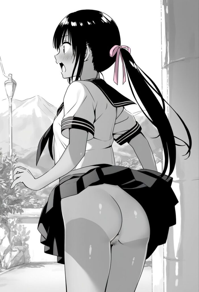 長いポニテが可愛い女子のスカートが捲れ上がってるが、中身はノーパン