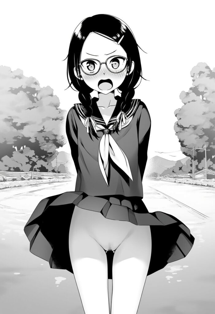 黒髪眼鏡っ子のスカートが捲れ上がってるが、中身はノーパン