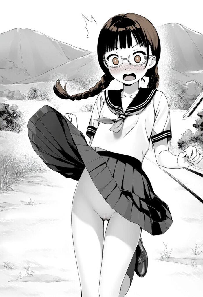 メガネおさげ女子のスカートが捲れ上がってるが、中身はノーパン