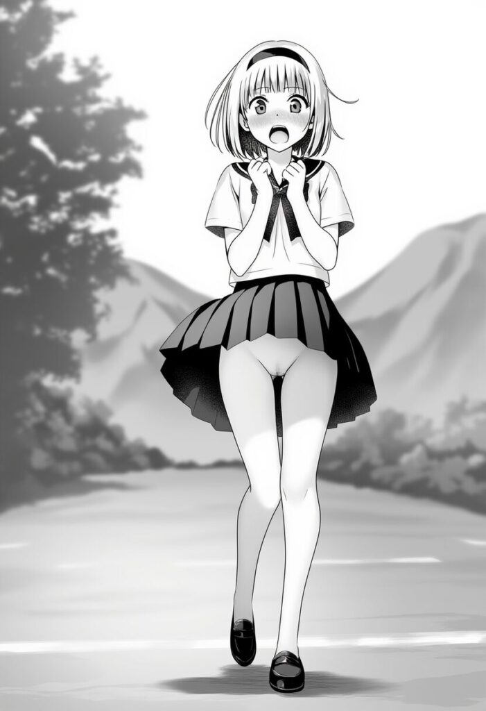 シルバーショートヘア女子のスカートが捲れ上がってるが、中身はノーパン