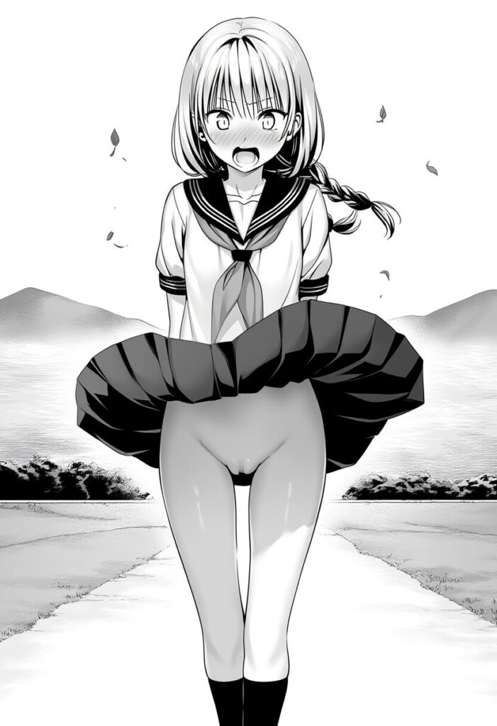 金髪娘のスカートが捲れ上がってるが、中身はノーパン