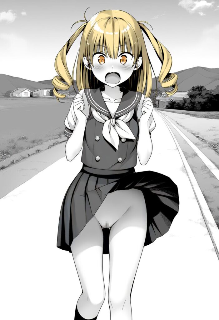 金髪ツインテ女子のスカートが捲れ上がってるが、中身はノーパン