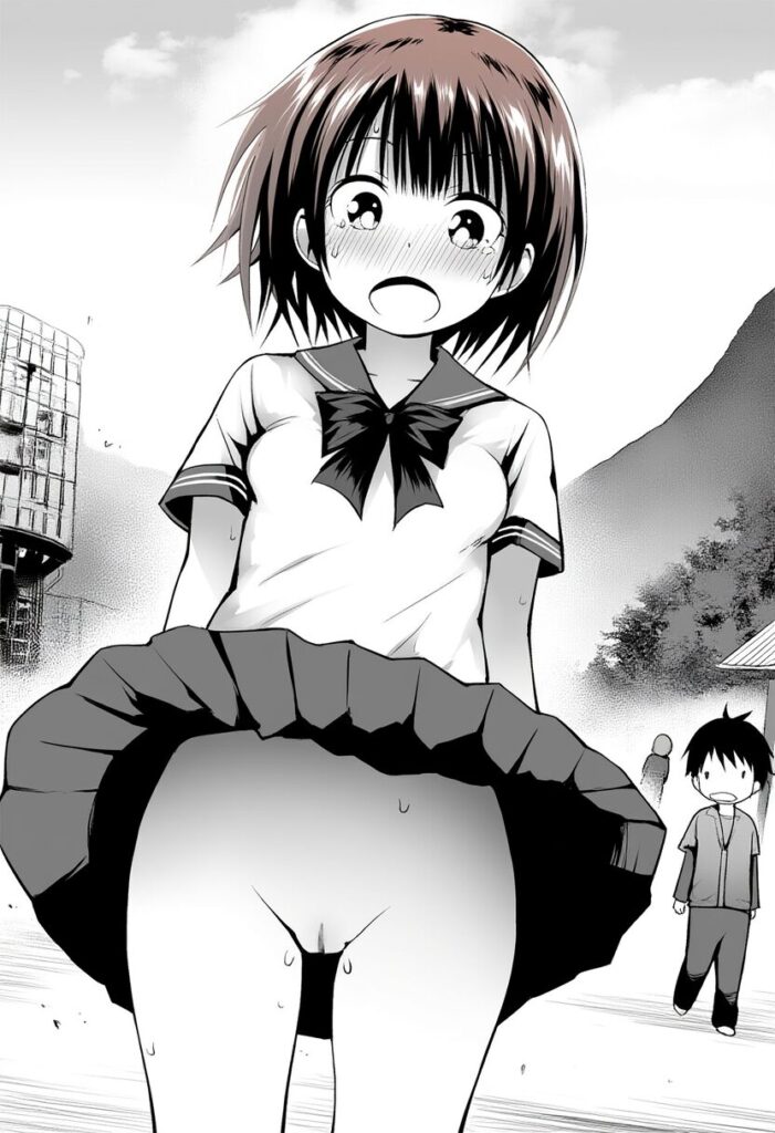 茶髪ぱっつん女の子のスカートが捲れ上がってるが、中身はノーパン