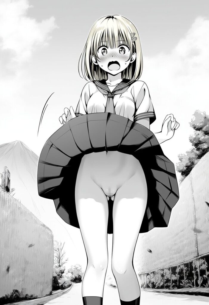 ショート金髪女子のスカートが捲れ上がってるが、中身はノーパン