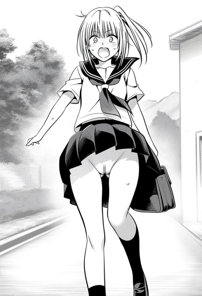 金髪ポニテ女子のスカートが捲れ上がってるが、中身はノーパン