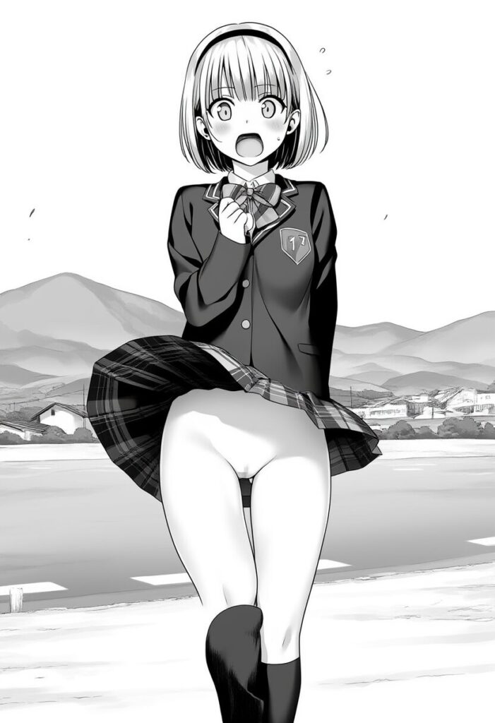 銀髪女の子のスカートが捲れ上がってるが、中身はノーパン