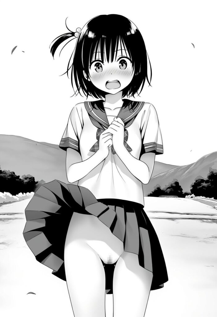 短髪で可愛い女子のスカートが捲れ上がってるが、中身はノーパン