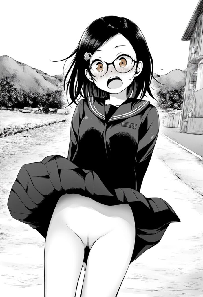 メガネ女子のスカートが捲れ上がってるが、中身はノーパン
