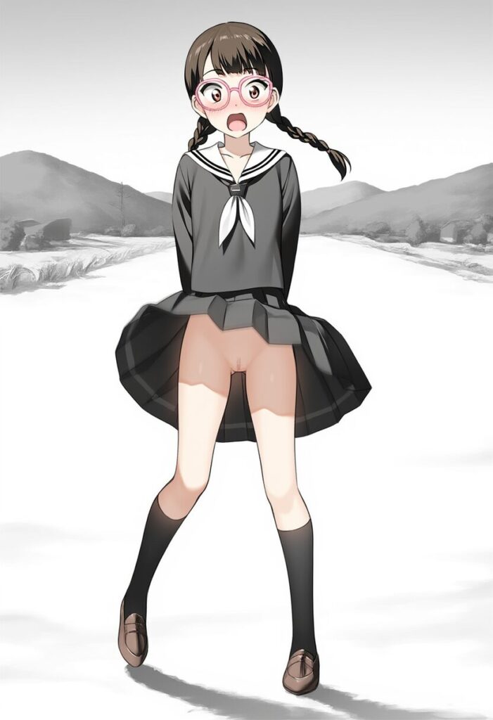 メガネおさげ女子のスカートが捲れ上がってるが、中身はノーパン