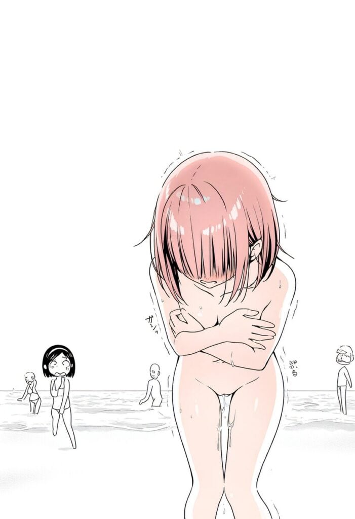 ショートピンクヘア女の子はビーチで裸になって恥ずかしい