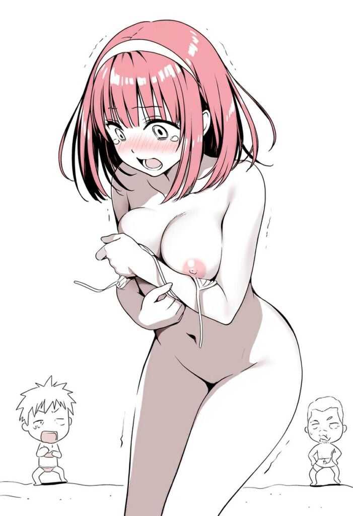 ショートのピンクヘア女の子はビーチで裸になって恥ずかしい