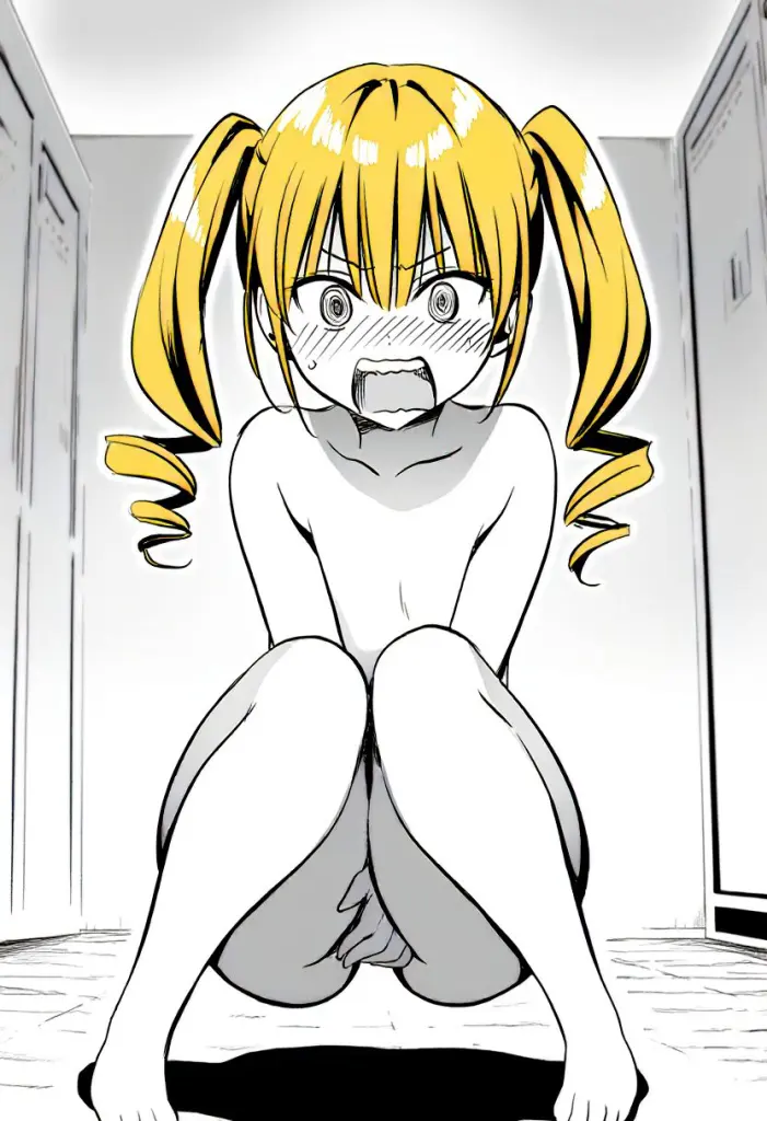 金髪ツインテ娘は恥ずかしくて座り込んでいる