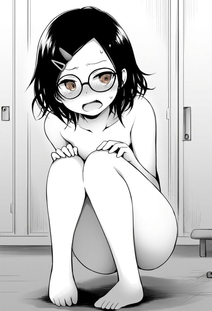 はづきは恥ずかしくて座り込んでいる