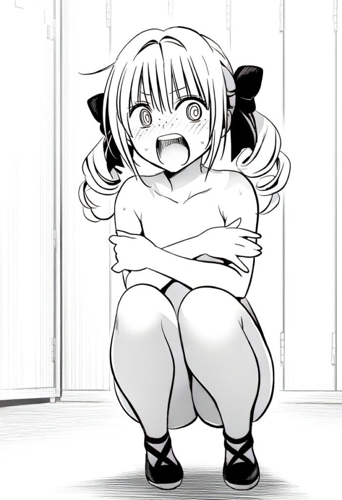 金髪ツインテール女子は恥ずかしくて座り込んでいる