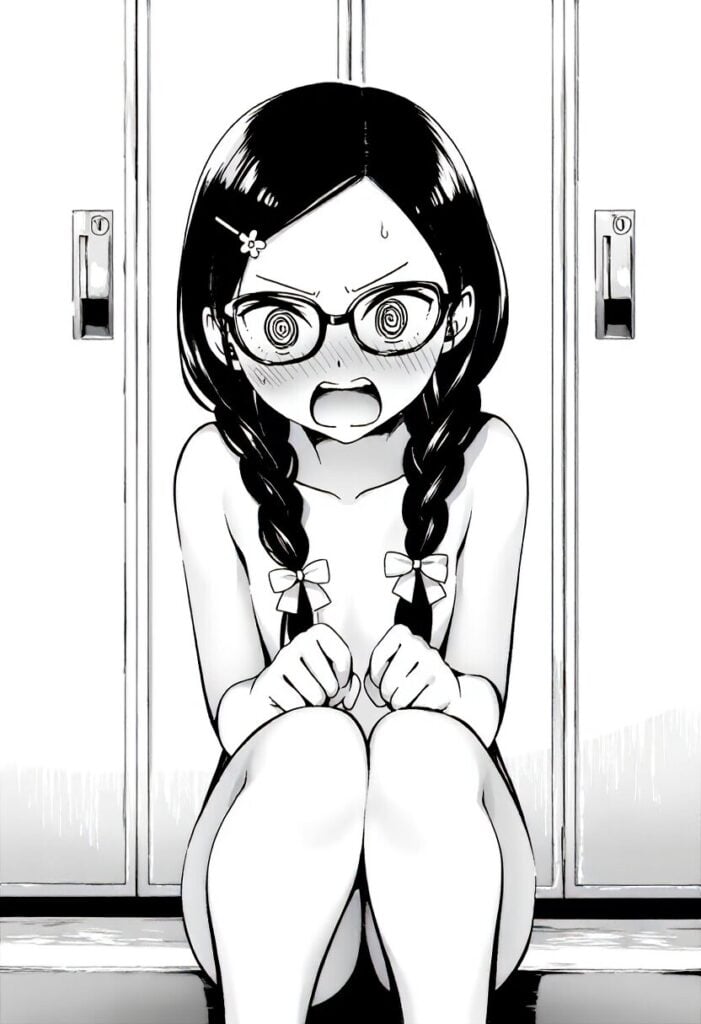 黒髪眼鏡っ子は恥ずかしくて座り込んでいる