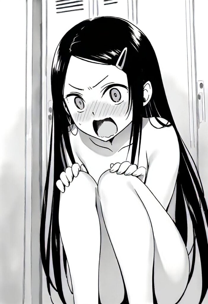 黒髪のお嬢様は恥ずかしくて座り込んでいる