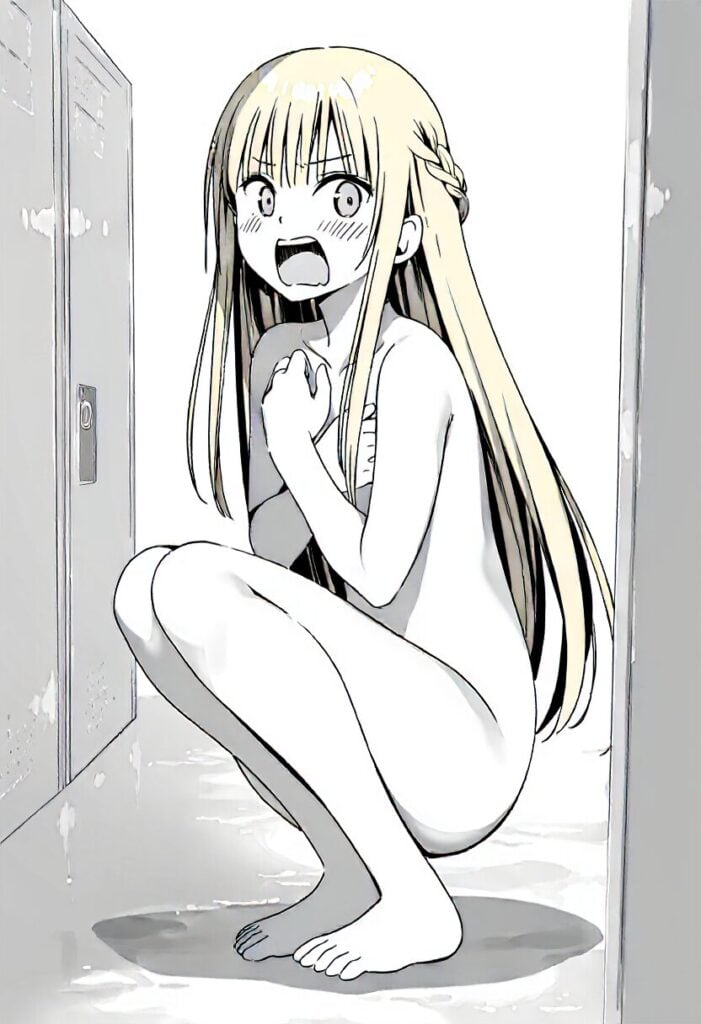 ロングヘアな可愛い女子は恥ずかしくて座り込んでいる