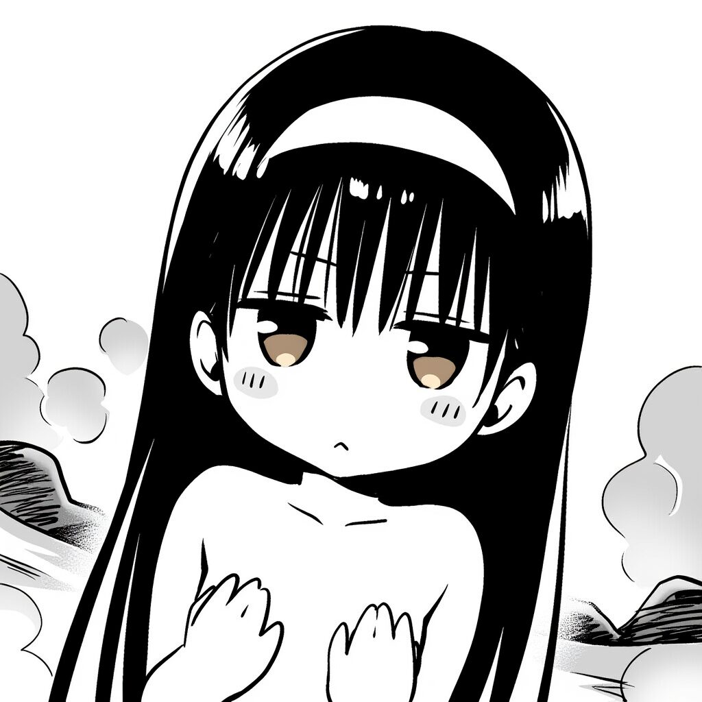 黒髪女子は温泉で手ブラでジト目