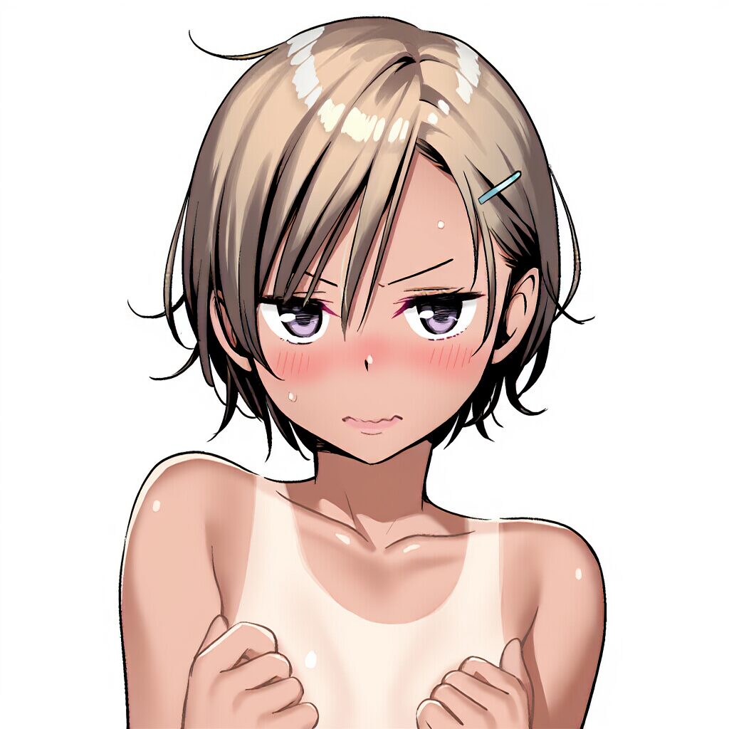 茶髪ウェービーヘアー女の子は温泉で手ブラでジト目