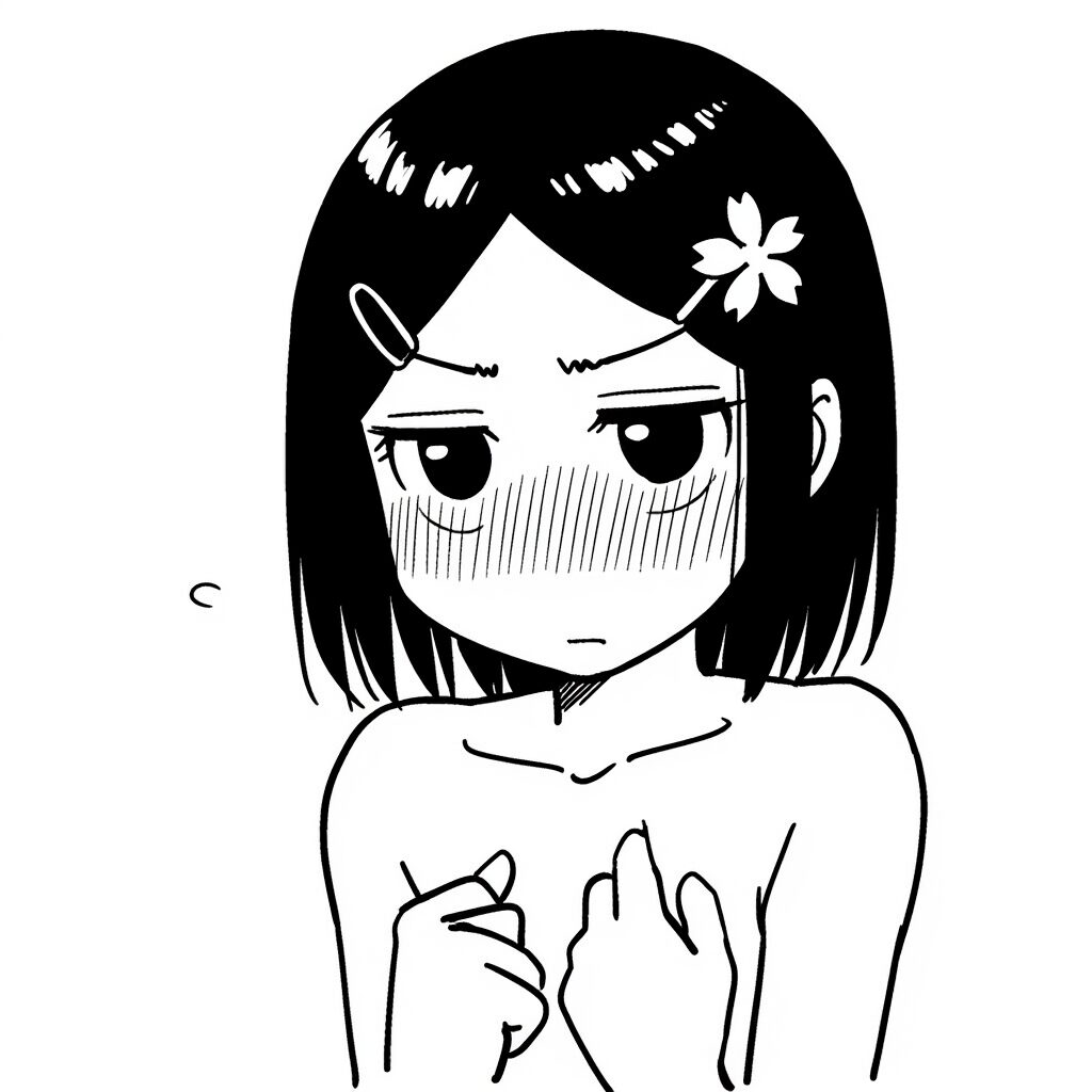 黒髪ぱっつんな女の子は温泉で手ブラでジト目