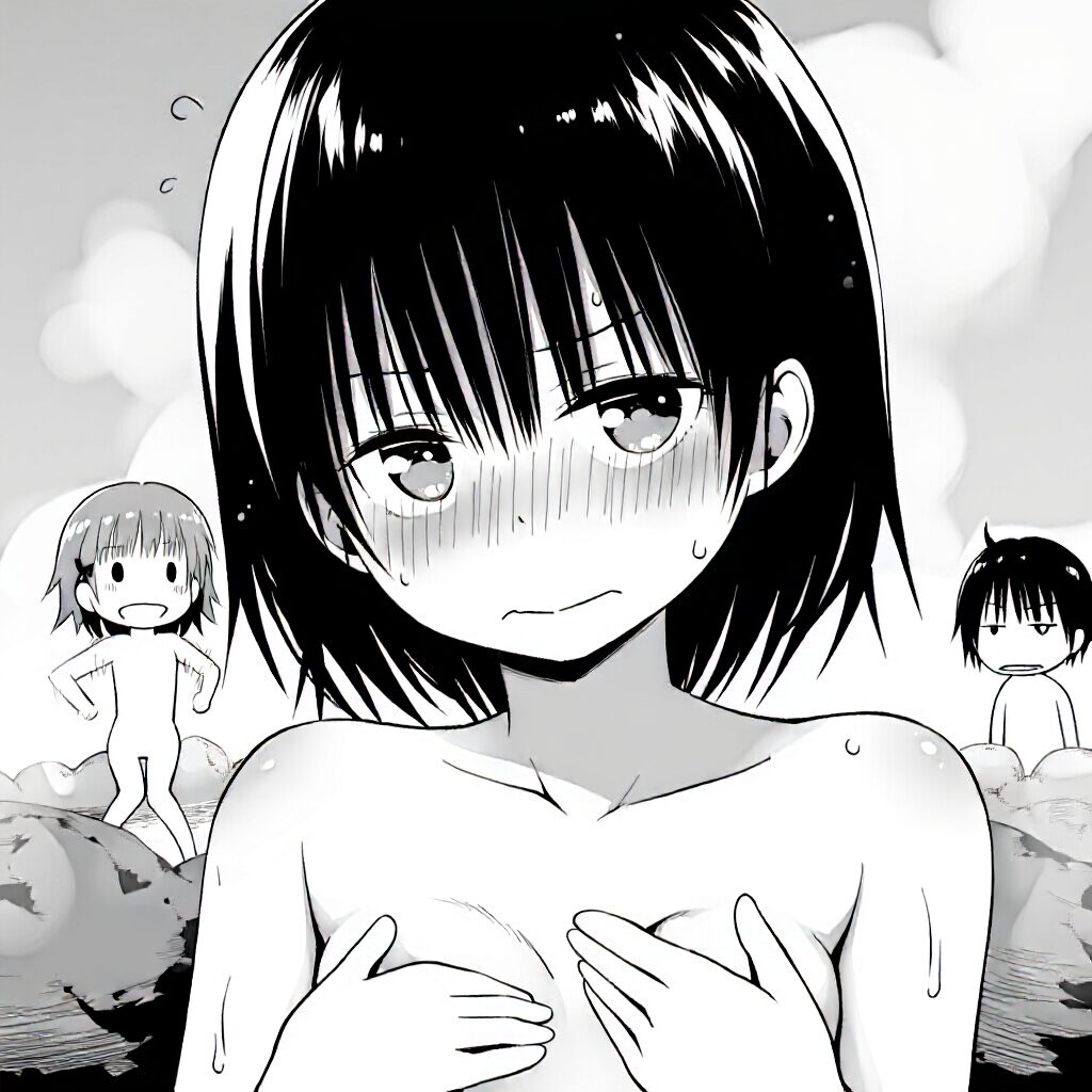 ショートボブな茶髪の女子は温泉で手ブラでジト目