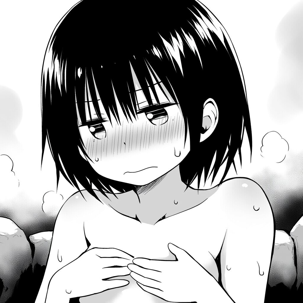 茶髪ぱっつん女の子は温泉で手ブラでジト目