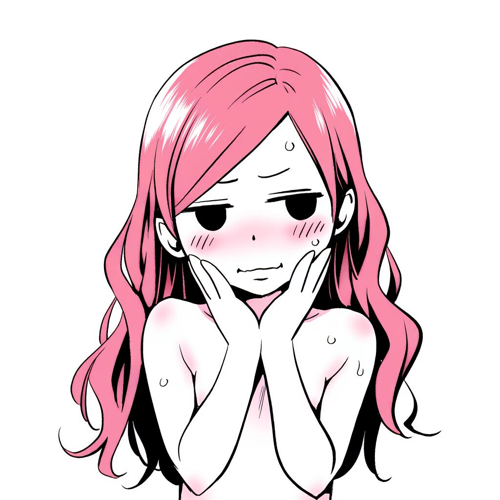 天パなピンク髪の女の子は温泉で手ブラでジト目