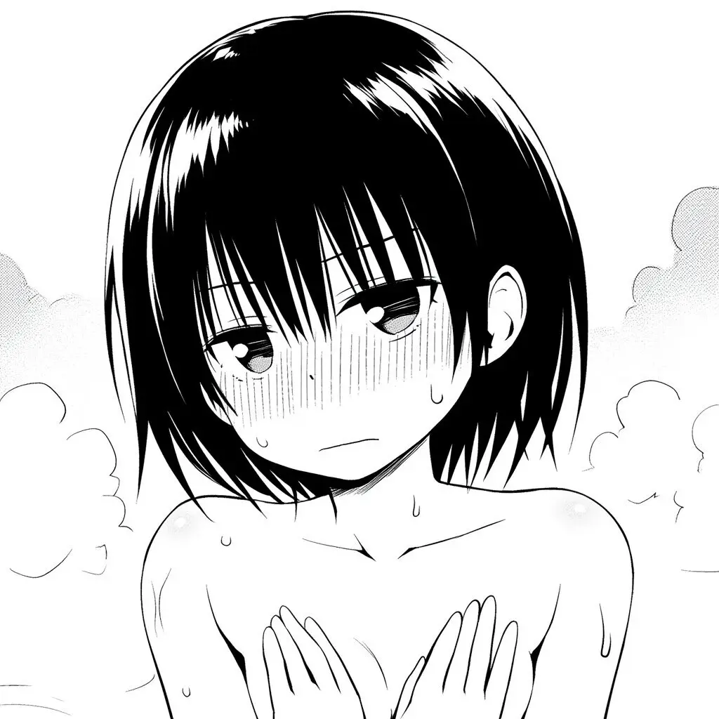 茶髪ショート女の子は温泉で手ブラでジト目