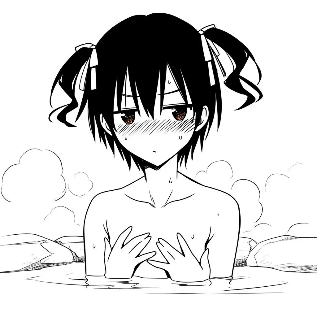 黒髪女子は温泉で手ブラでジト目