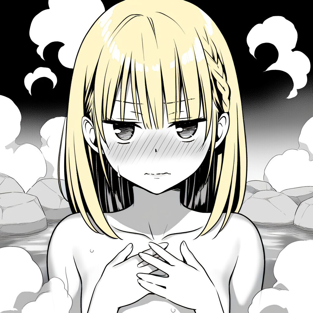 金髪ロング女子は温泉で手ブラでジト目